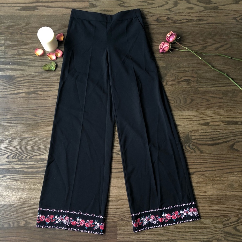 Black Wide Leg Pants With Floral Patterns on Hems